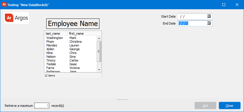 This shows the datablock dashboard that's been created. The image that was inserted is in the upper left, the date fields are in the upper right, and the multi column listbox with names pulled from the database.